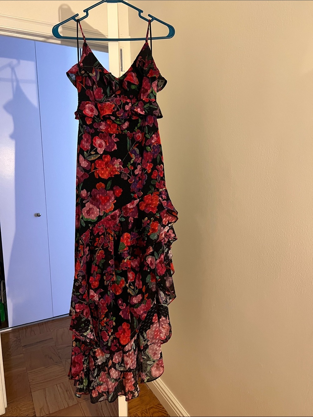 Line & Dot Black Maxi Dress with Pink & Red Floral Print